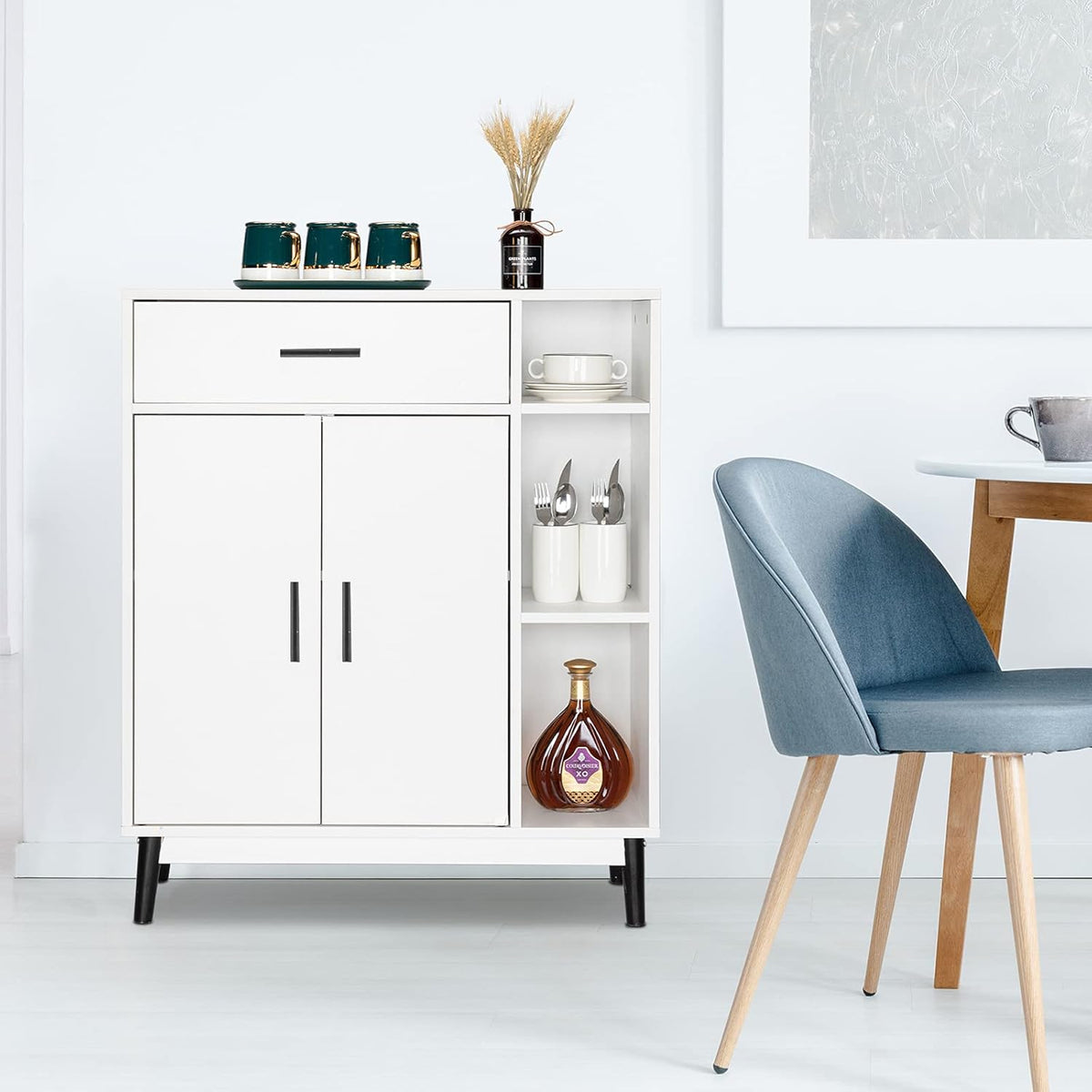 White Wood Accent Cabinet with Open Shelves and Doors F5231