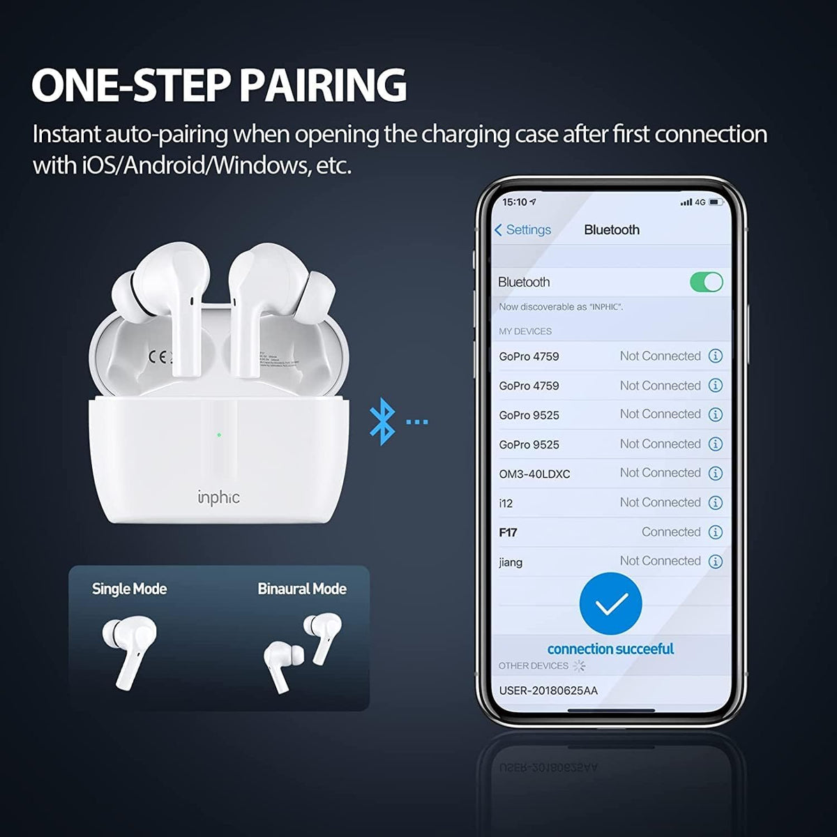 Wireless Bluetooth Earbuds Noise Cancelling IPX7 Waterproof with Microphone White Pack of 2 U22992