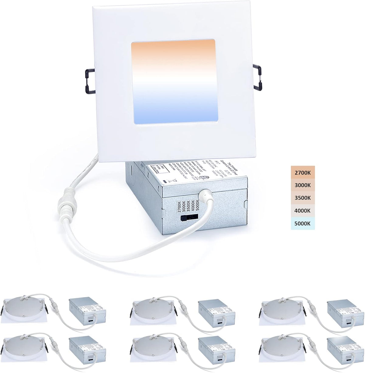 4-inch LED Canless Recessed Slim-Downlight 5 CCT Adjustable Dimmable 2700-5000K 9W White Square 6 Pack B2556