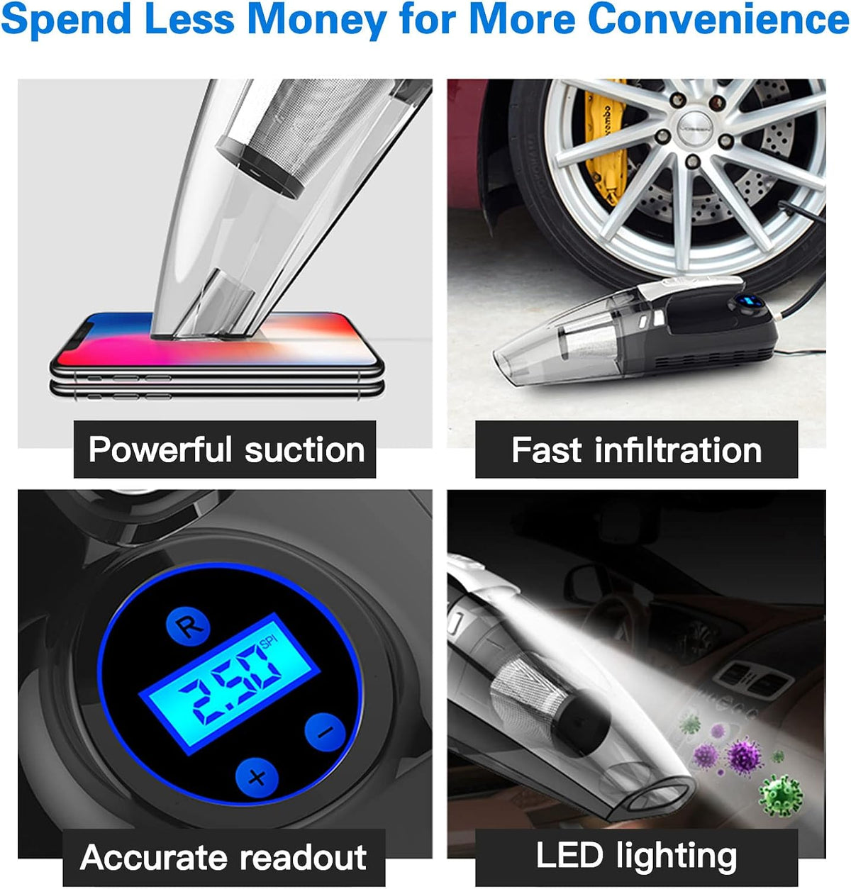 4-in-1 Cordless Handheld Car Vacuum with LED Light P530