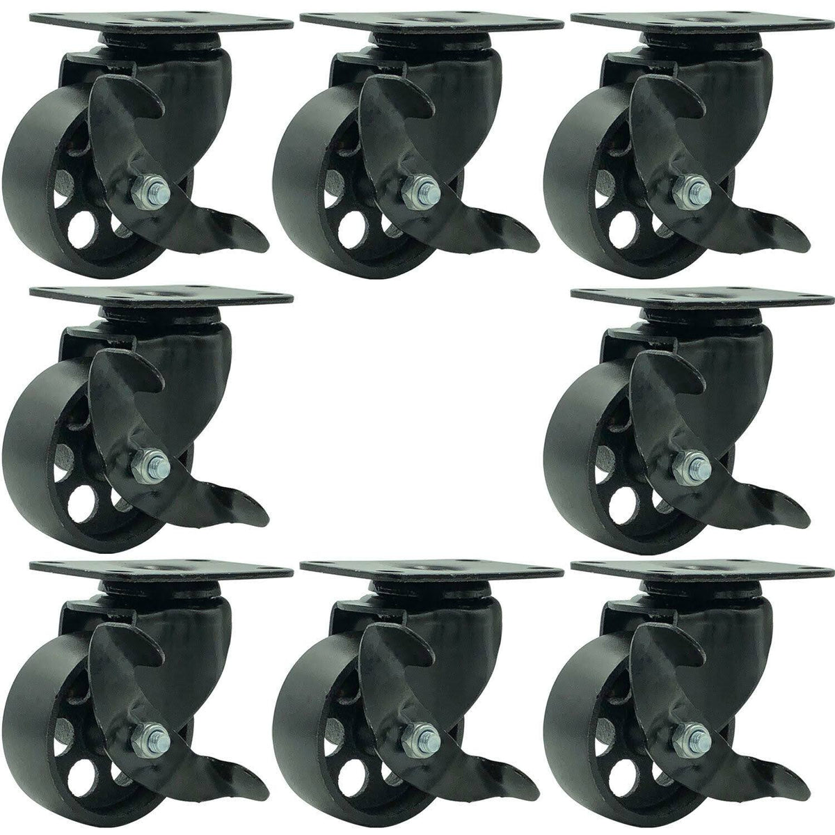 8 All Black Metal Swivel Plate Caster Wheels with Brake Y627821
