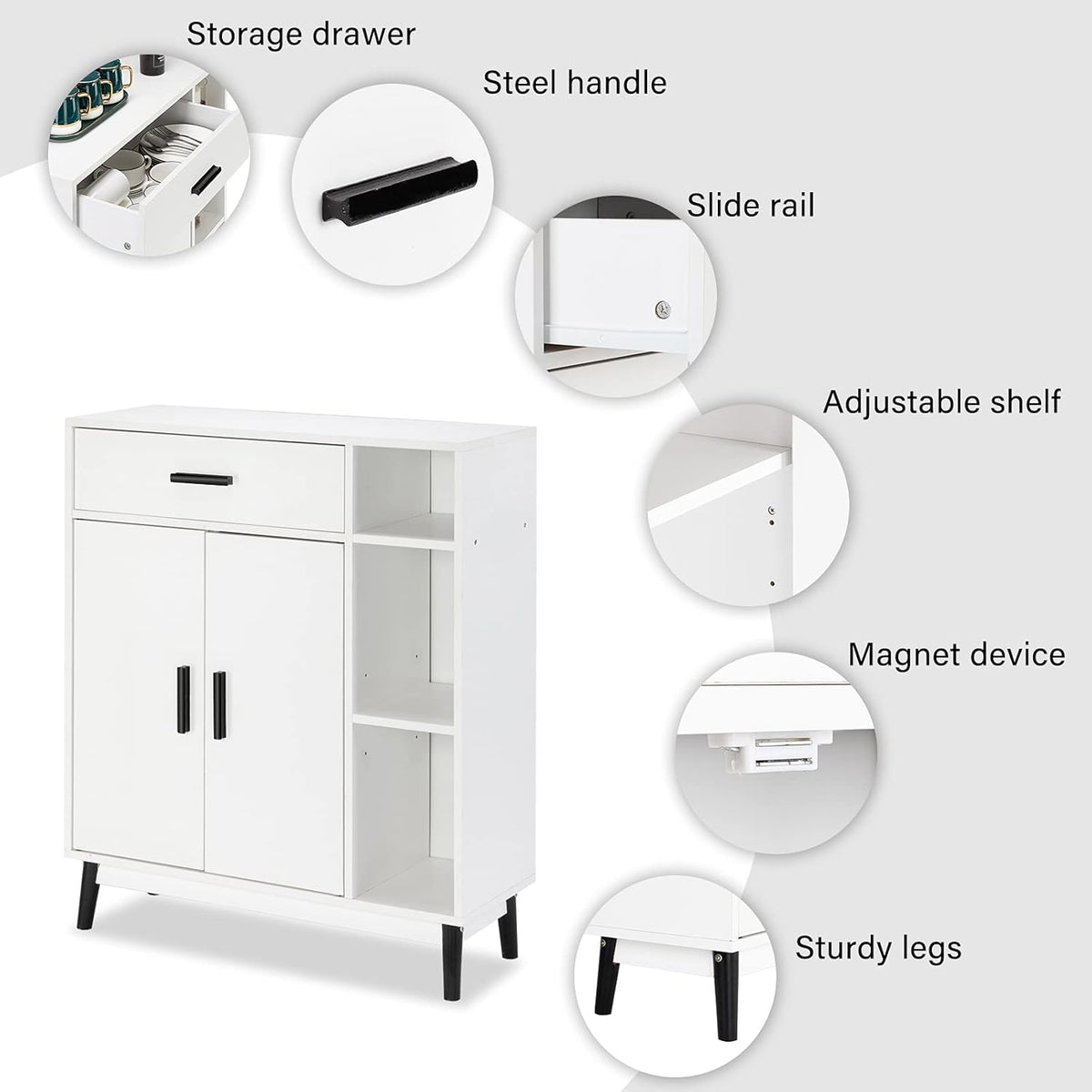 White Wood Accent Cabinet with Open Shelves and Doors F5231