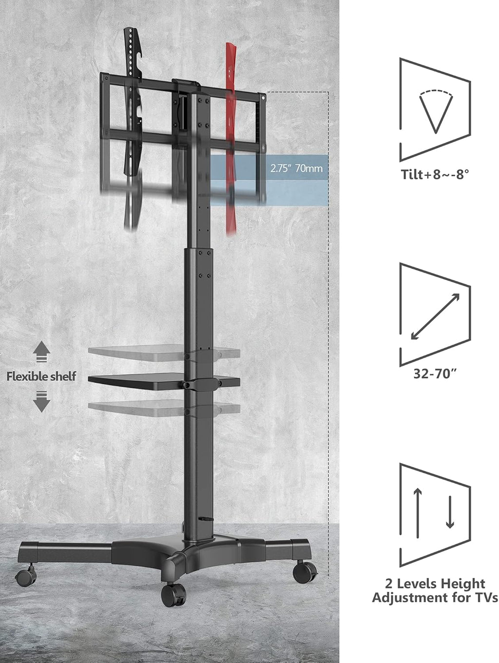 Black Mobile TV Stand for 32 to 70 Inch TVs with Adjustable Shelf S660784