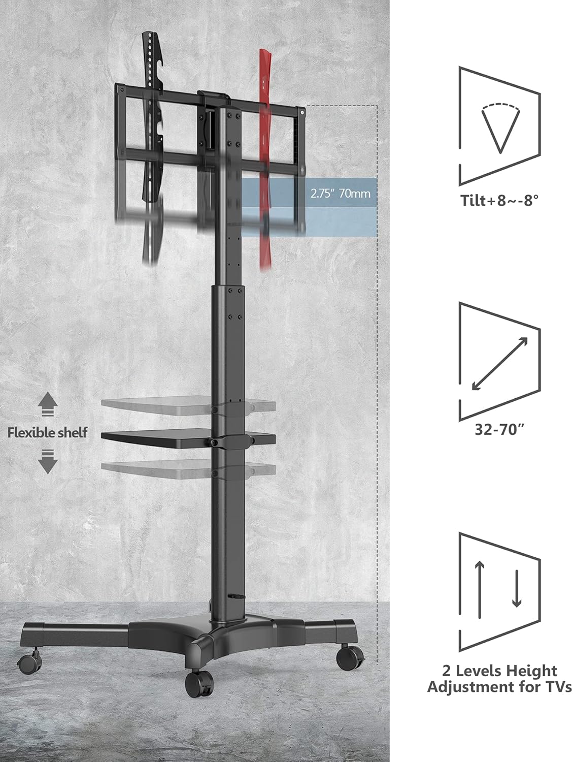 Black Mobile TV Stand for 32 to 70 Inch TVs with Adjustable Shelf S660784