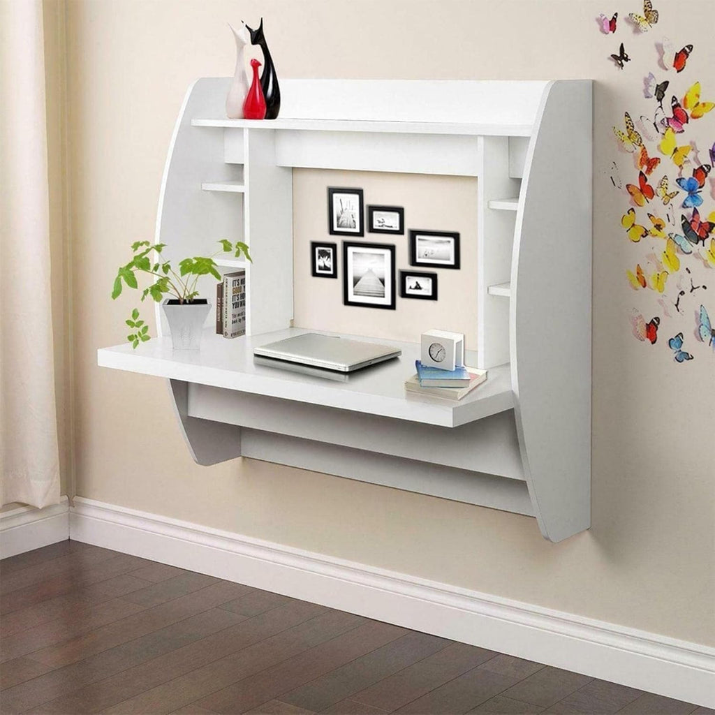 White Wall Mounted Floating Computer Desk with Storage Shelves F272