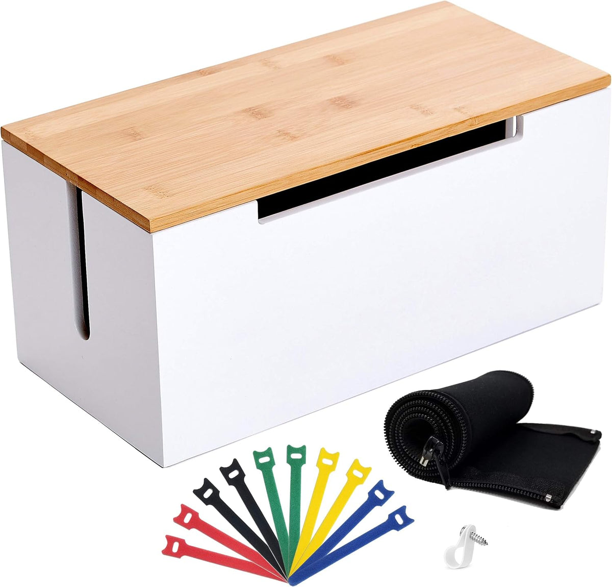 Bamboo Cable Management Box Organizer Storage Large Wood Cord Cover (Black) X5947