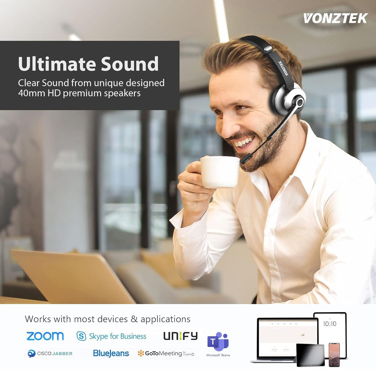 Bluetooth Headset with Microphone, Wireless On Ear Headphones V4103