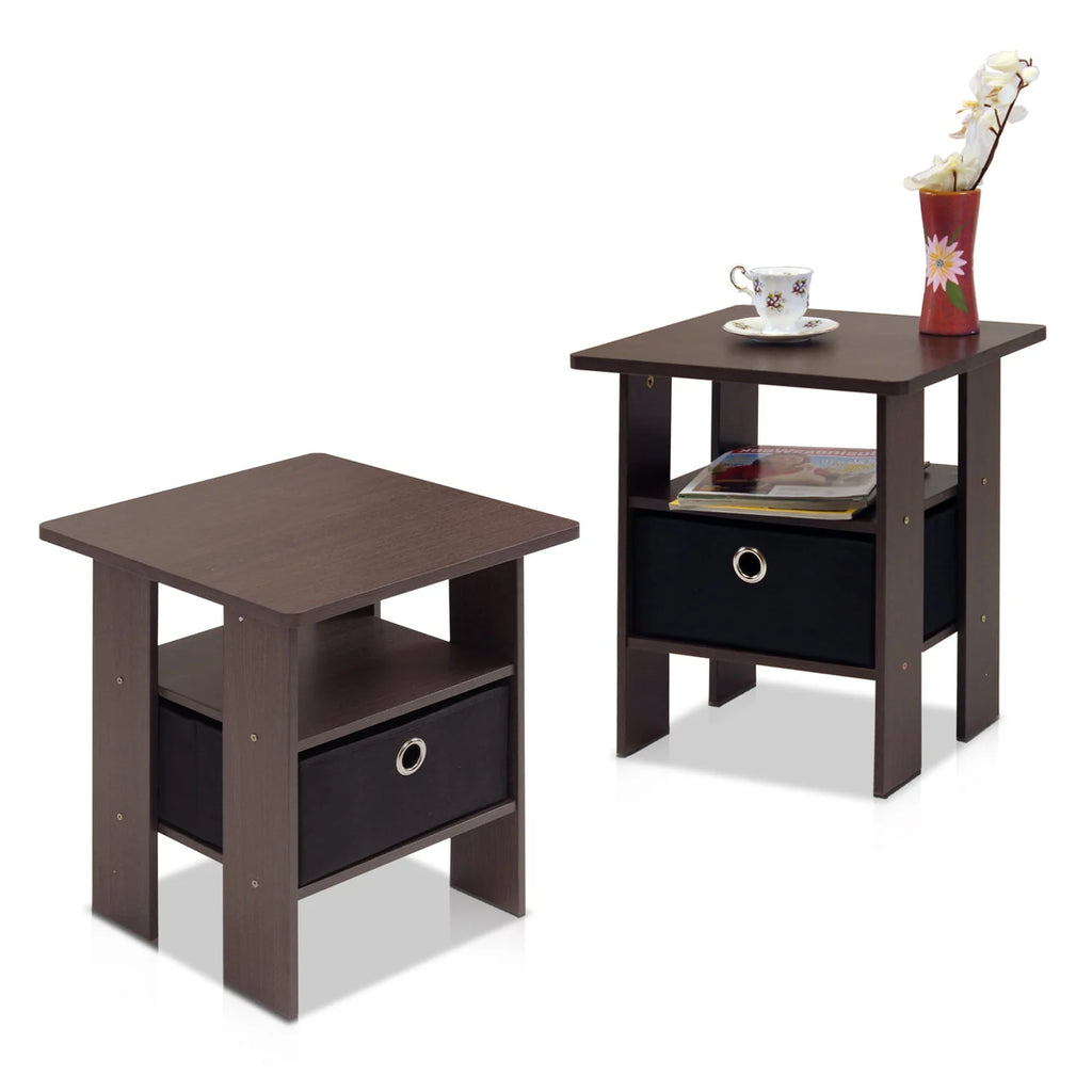 French Oak Grey Black Set of 2 End Table Nightstand with Bin Drawer W47801