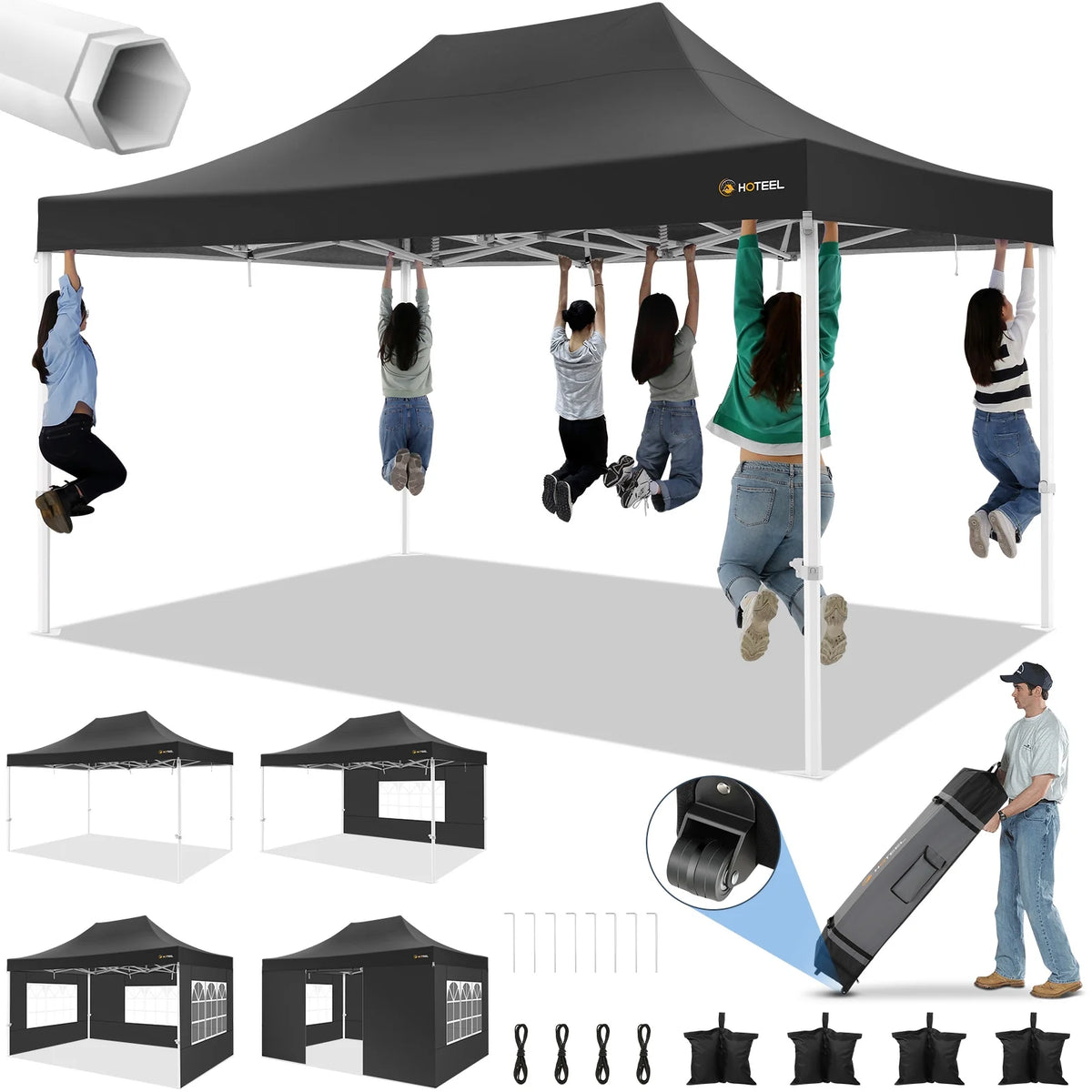 10x15 Heavy Duty Pop up Canopy Tent with 4 Sidewalls and Roller Bag, Black D234595