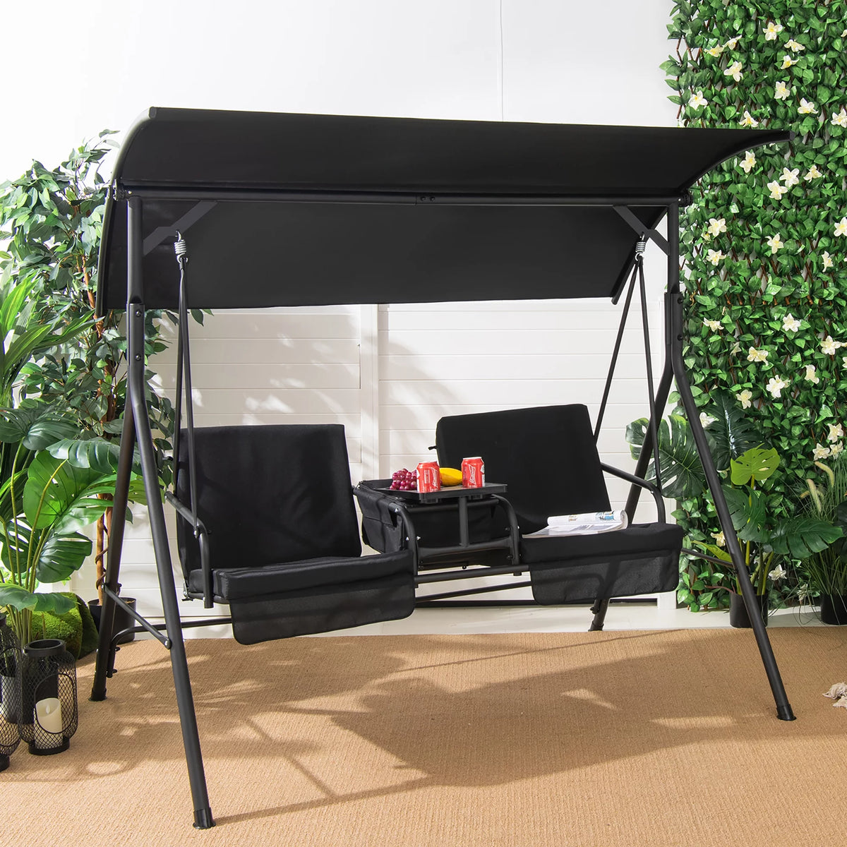 2-Person Canopy Porch Swing Padded Chair with Cooler Bag N2729