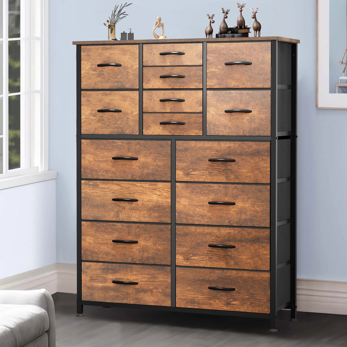 16 Drawer Fabric Dresser with Metal Frame and Wooden Top G312