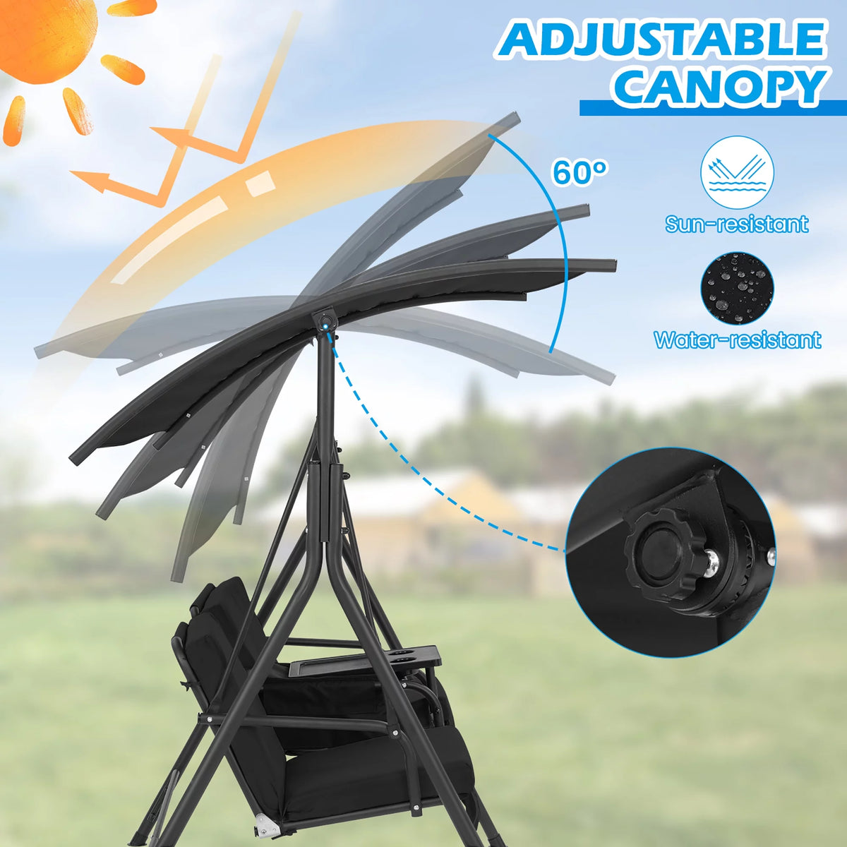 2-Person Canopy Porch Swing Padded Chair with Cooler Bag N2729