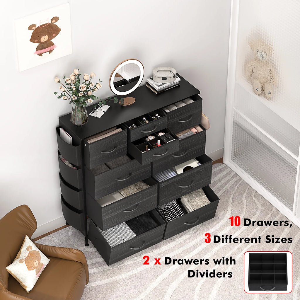 Black 10 Drawer Fabric Dresser with Wood Top Y747017