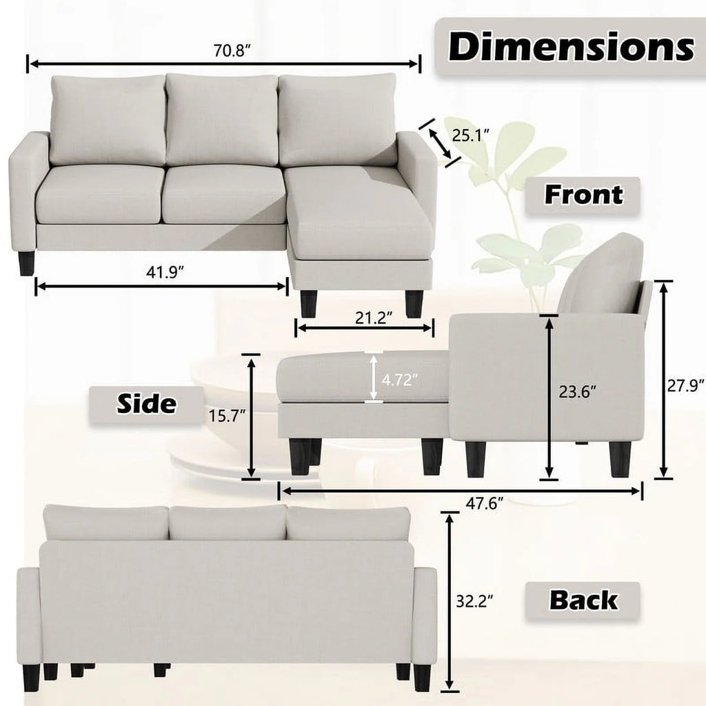 Convertible Sectional Sofa, L-Shaped 3-Seat Sofa with Reversible Chaise, Dark Gray L1303