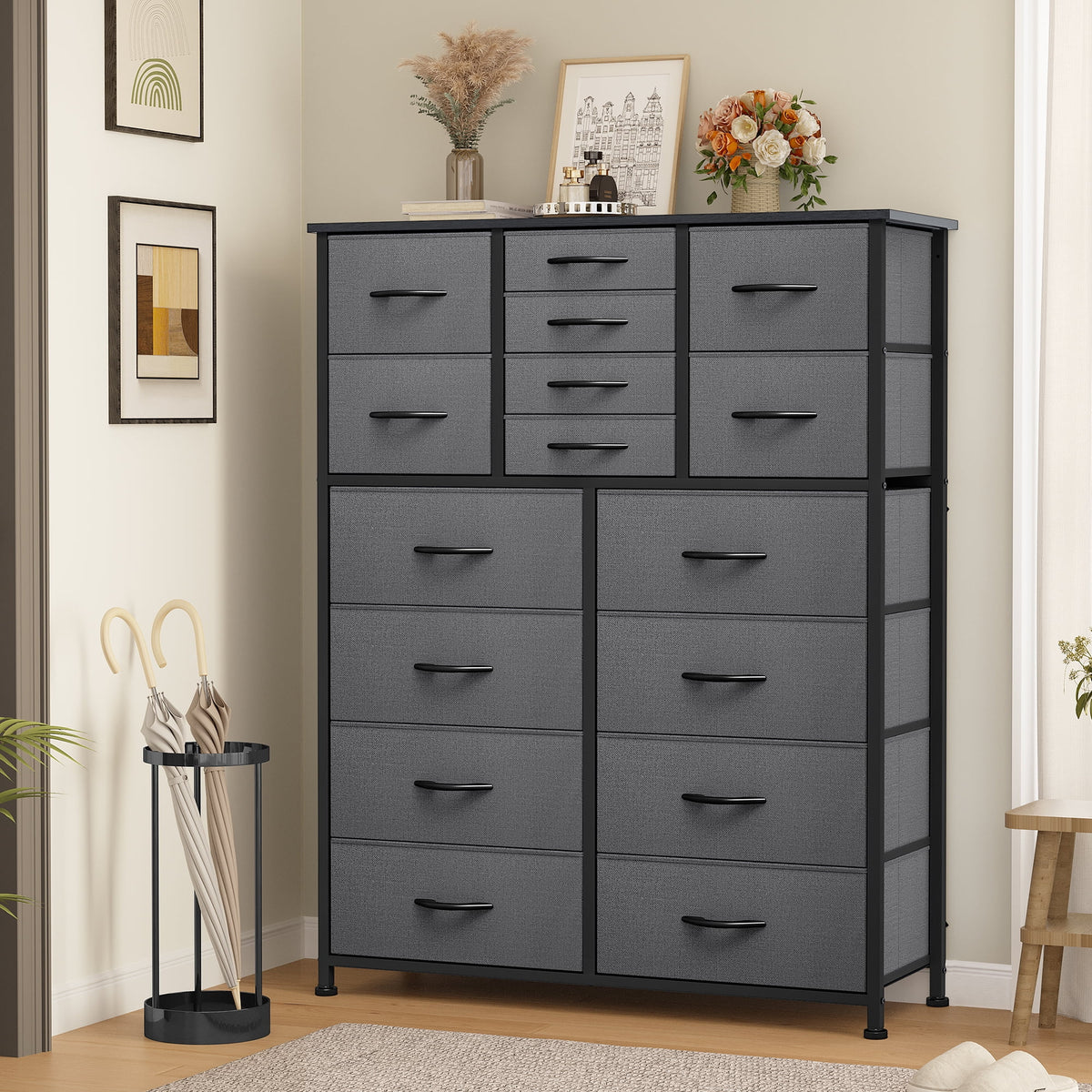 16 Drawer Fabric Dresser with Metal Frame and Wooden Top G312