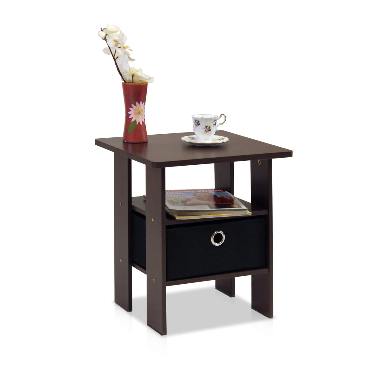 French Oak Grey Black Set of 2 End Table Nightstand with Bin Drawer W47801