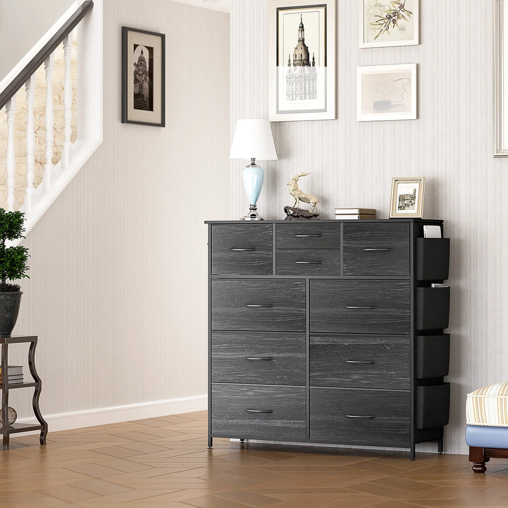 Black 10 Drawer Fabric Dresser with Wood Top Y747017