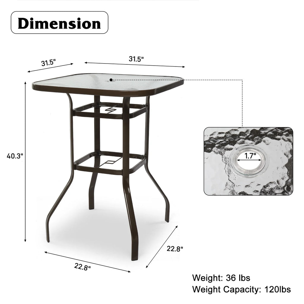 31 Inch Square Outdoor Bar Height Bistro Table with Tempered Glass Tabletop T2705