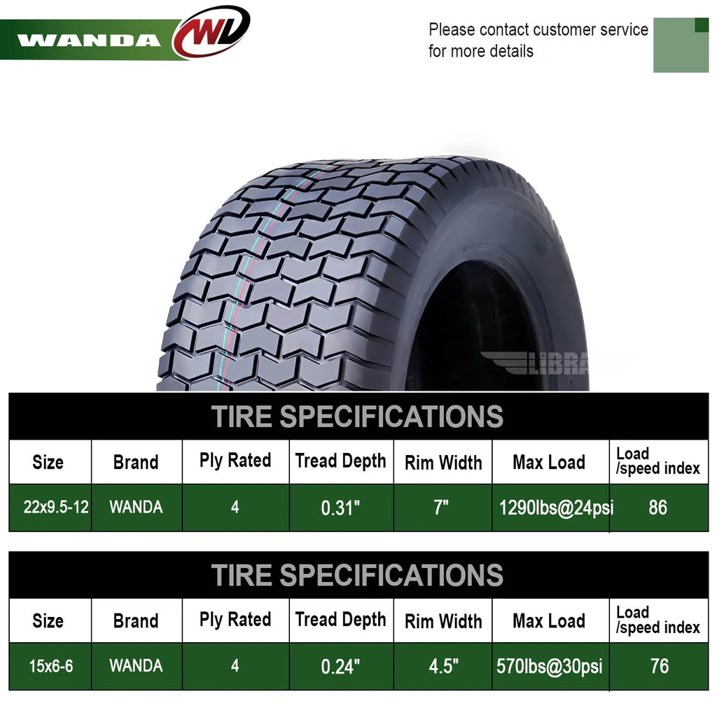 15X6-6 & 22X9.5-12 Lawn Mower Tractor Turf Tires Set 4 A25293