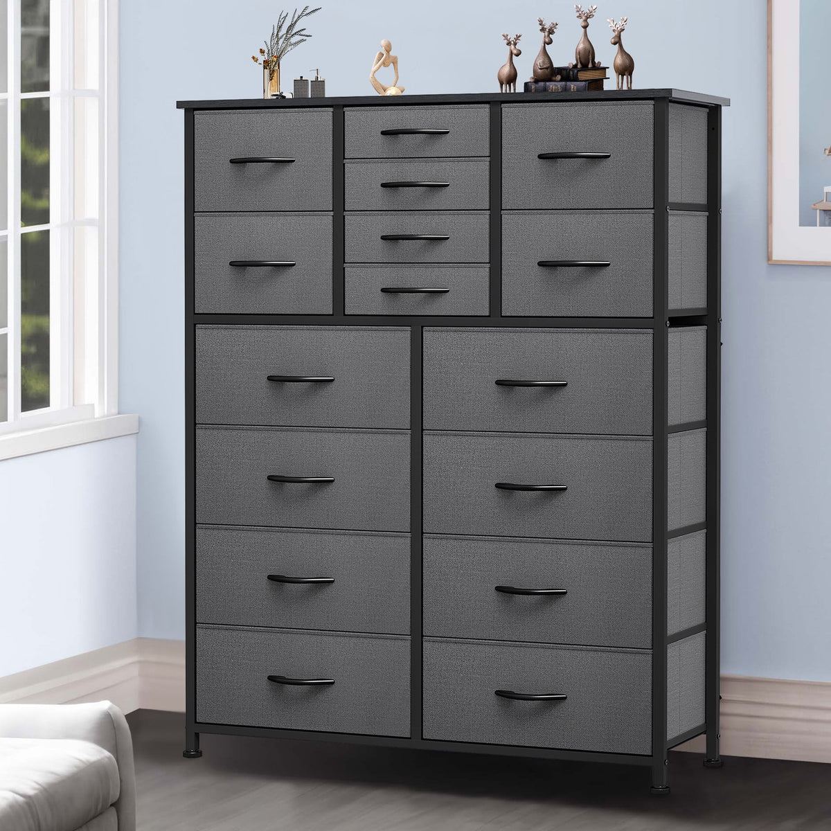 16 Drawer Fabric Dresser with Metal Frame and Wooden Top G312