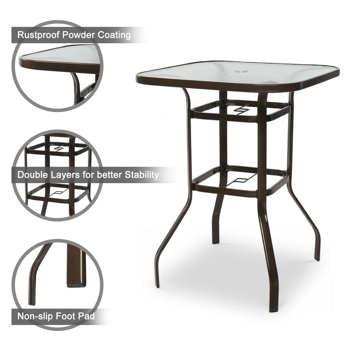 31 Inch Square Outdoor Bar Height Bistro Table with Tempered Glass Tabletop T2705