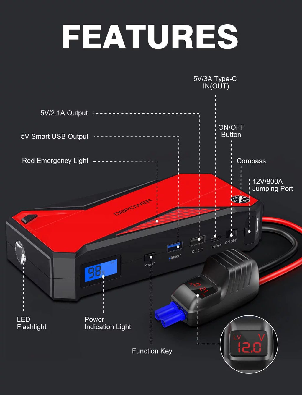 1600A Peak 18000mAh Portable Car Jump Starter H494
